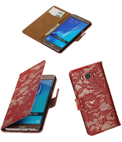 Rood Lace booktype cover hoesje voor Samsung Galaxy J7 2016