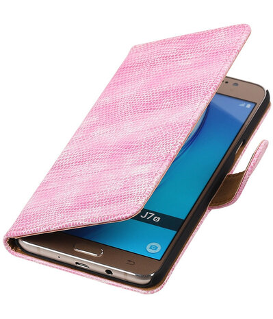 Roze Mini Slang booktype cover hoesje voor Samsung Galaxy J7 2016