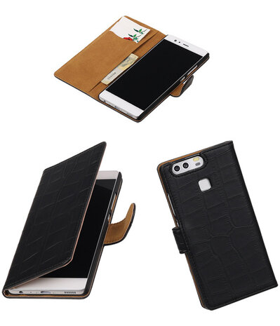 Zwart Krokodil booktype cover hoesje voor Huawei P9