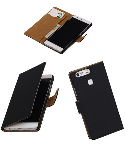 Zwart Effen booktype cover hoesje voor Huawei P9