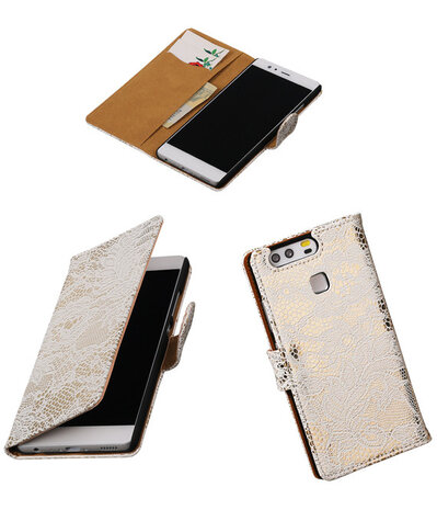 Wit Lace booktype cover hoesje voor Huawei P9 Lite