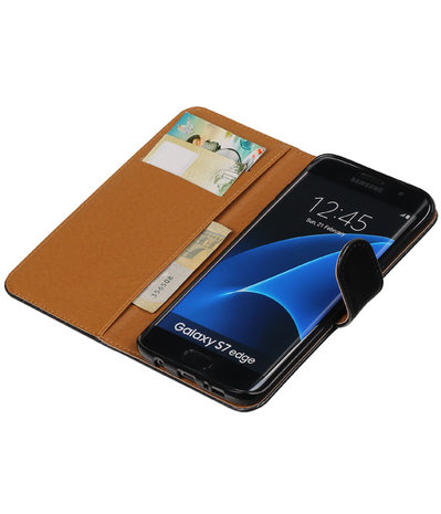 Zwart Pull-Up PU booktype wallet cover hoesje voor Samsung Galaxy S7 Edge