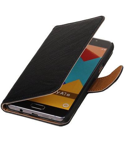 Zwart Echt Leer Leder booktype wallet cover hoesje voor Samsung Galaxy A7 2016