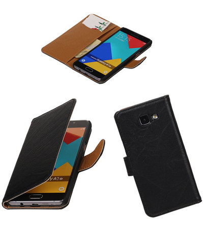 Zwart Echt Leer Leder booktype wallet cover hoesje voor Samsung Galaxy A7 2016