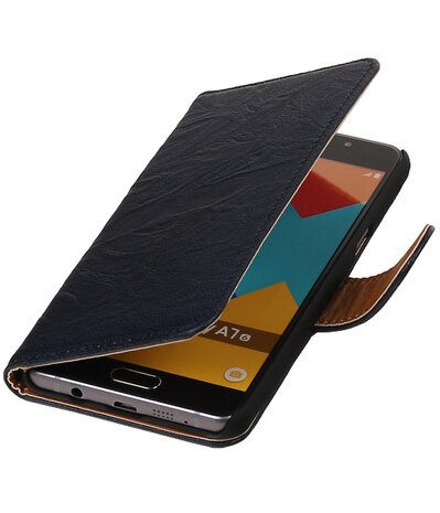 Donker Blauw Echt Leer Leder booktype wallet cover hoesje voor Samsung Galaxy A7 2016