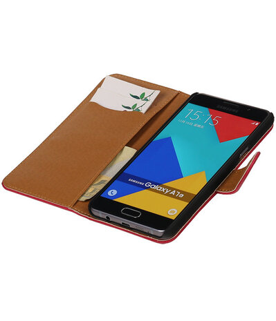 Rood Echt Leer Leder booktype wallet cover hoesje voor Samsung Galaxy A7 2016