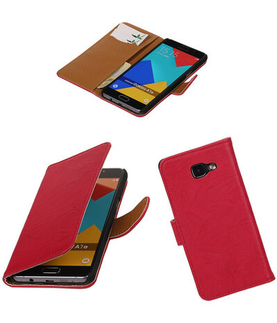 Rood Echt Leer Leder booktype wallet cover hoesje voor Samsung Galaxy A7 2016