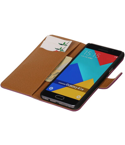 Paars Echt Leer Leder booktype wallet cover hoesje voor Samsung Galaxy A7 2016