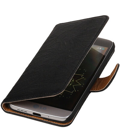 Zwart Echt Leer Leder booktype wallet cover hoesje voor LG G5