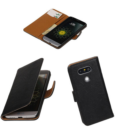 Zwart Echt Leer Leder booktype wallet cover hoesje voor LG G5