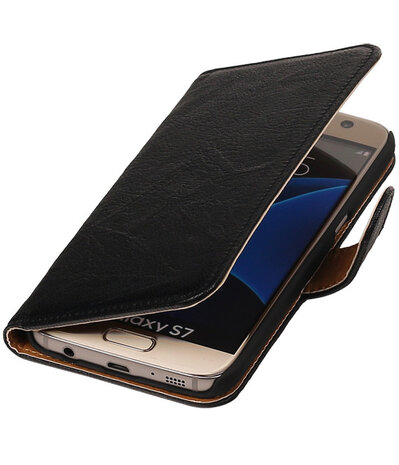 Zwart Echt Leer Leder booktype wallet cover hoesje voor Samsung Galaxy S7