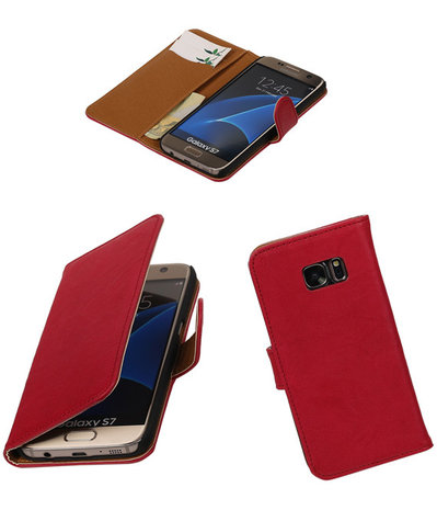 Rood Echt Leer Leder booktype wallet cover hoesje voor Samsung Galaxy S7