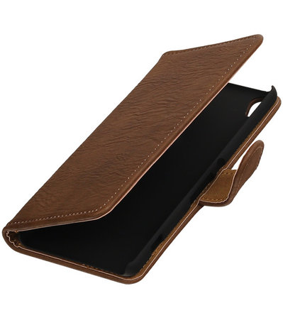 Bruin Hout booktype wallet cover hoesje voor Sony Xperia XA