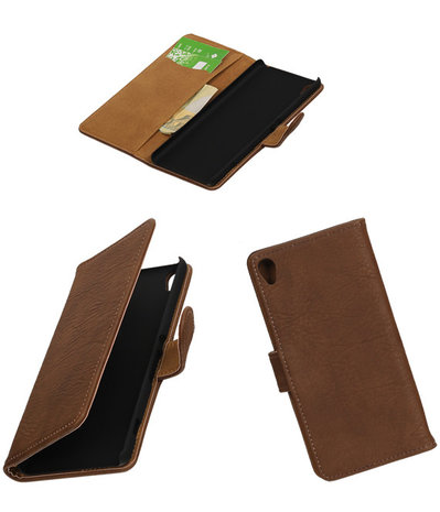 Bruin Hout booktype wallet cover hoesje voor Sony Xperia XA