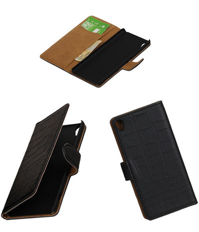 Zwart Krokodil booktype wallet cover hoesje voor Sony Xperia XA