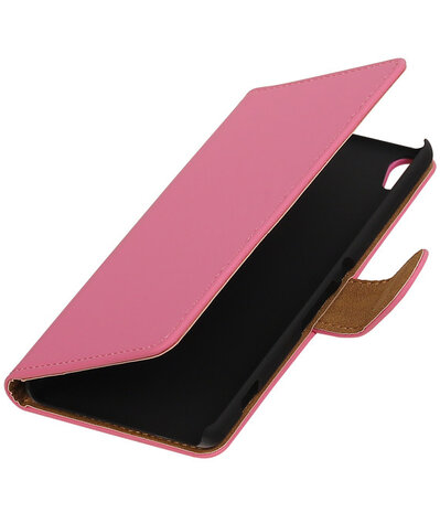 Roze Effen booktype wallet cover hoesje voor Sony Xperia XA