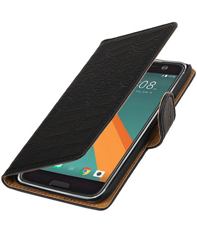 Zwart Krokodil booktype wallet cover hoesje voor HTC 10