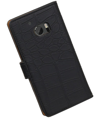 Zwart Krokodil booktype wallet cover hoesje voor HTC 10