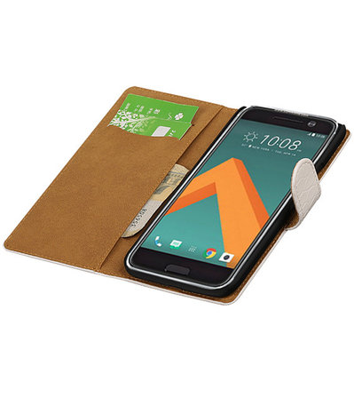 Wit Krokodil booktype wallet cover hoesje voor HTC 10