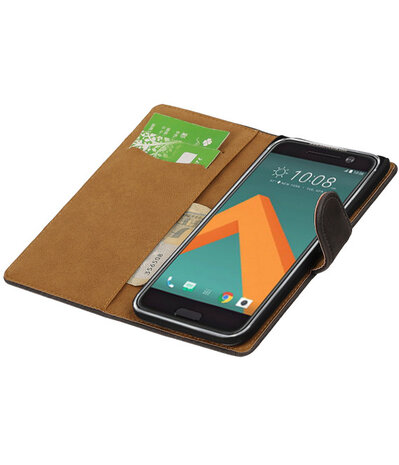 Grijs Hout booktype wallet cover hoesje voor HTC 10