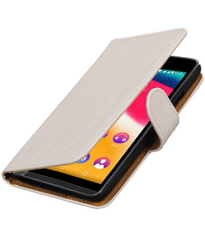 Wit Krokodil booktype wallet cover hoesje voor Wiko Rainbow 4G