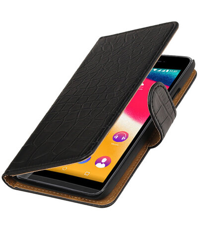 Zwart Krokodil booktype wallet cover hoesje voor Wiko Rainbow 4G