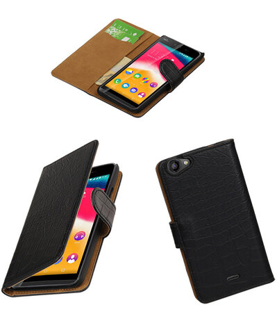 Zwart Krokodil booktype wallet cover hoesje voor Wiko Rainbow 4G