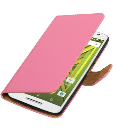 Roze Effen booktype wallet cover hoesje voor Motorola Moto X Play