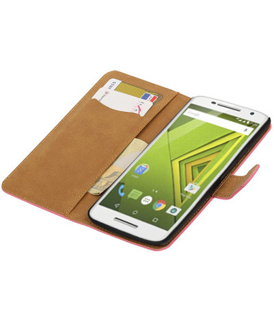 Roze Effen booktype wallet cover hoesje voor Motorola Moto X Play