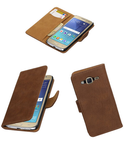 Bruin Hout booktype wallet cover hoesje voor Samsung Galaxy J2 2016