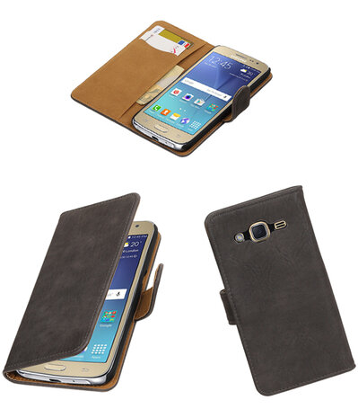 Grijs Hout booktype wallet cover hoesje voor Samsung Galaxy J2 2016