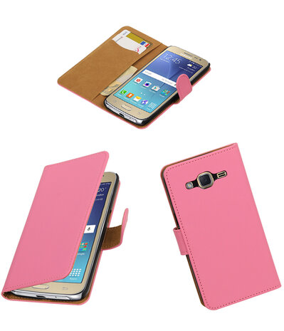 Roze Effen booktype wallet cover hoesje voor Samsung Galaxy J2 2016