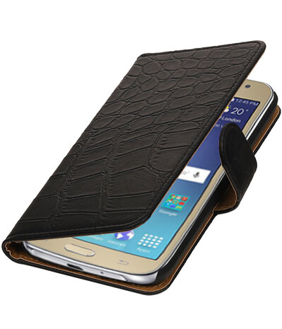 Zwart Krokodil booktype wallet cover hoesje voor Samsung Galaxy J2 2016