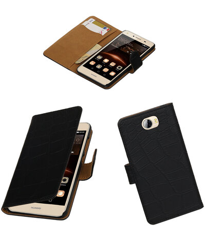Zwart Krokodil booktype wallet cover hoesje voor Huawei Y5 II