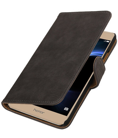Grijs Hout booktype wallet cover hoesje voor Huawei Honor V8