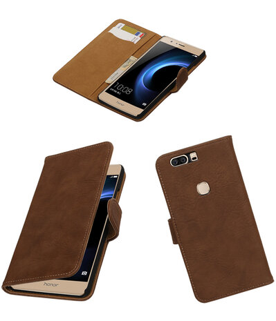 Bruin Hout booktype wallet cover hoesje voor Huawei Honor V8