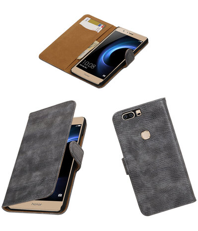 Grijs Mini Slang booktype wallet cover hoesje voor Huawei Honor V8