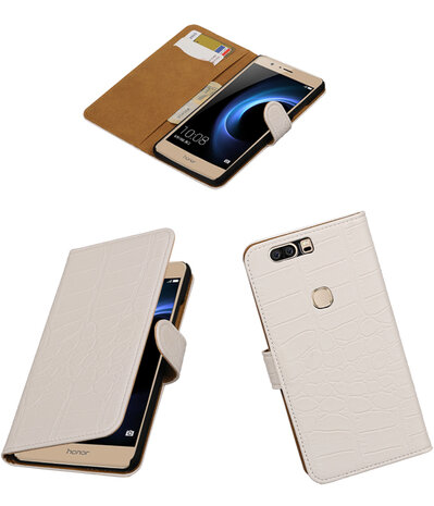 Wit Krokodil booktype wallet cover hoesje voor Huawei Honor V8