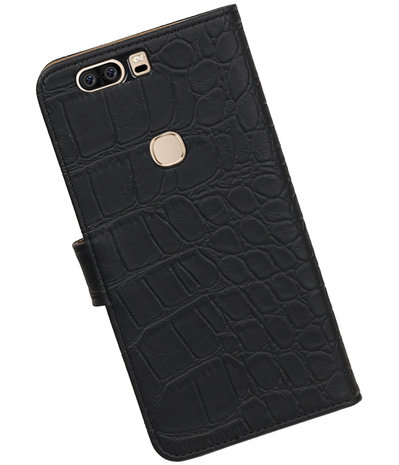 Zwart Krokodil booktype wallet cover hoesje voor Huawei Honor V8