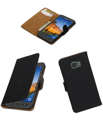 Zwart Krokodil booktype wallet cover hoesje voor Samsung Galaxy S7 Active