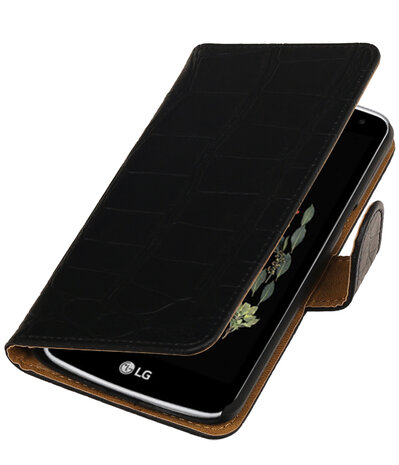 Zwart Krokodil booktype wallet cover hoesje voor LG K5