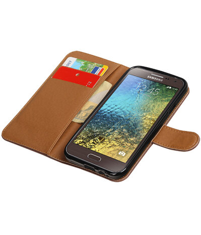 Mocca Pull-Up PU booktype wallet hoesje voor Samsung Galaxy E5