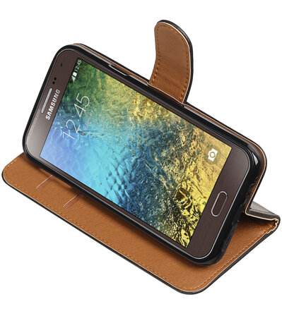 Zwart Pull-Up PU booktype wallet hoesje voor Samsung Galaxy E5