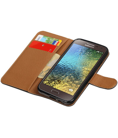 Zwart Pull-Up PU booktype wallet hoesje voor Samsung Galaxy E5