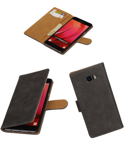 Grijs Hout booktype wallet cover hoesje voor Samsung Galaxy C7