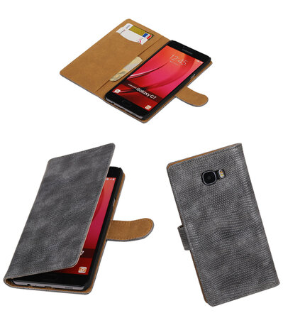 Grijs Mini Slang booktype wallet cover hoesje voor Samsung Galaxy C7