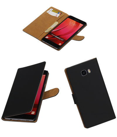 Zwart Effen booktype wallet cover hoesje voor Samsung Galaxy C7
