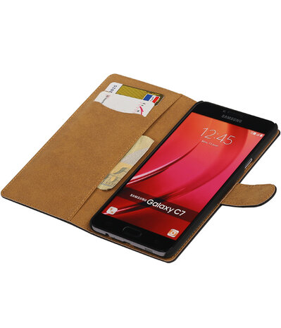 Zwart Effen booktype wallet cover hoesje voor Samsung Galaxy C7