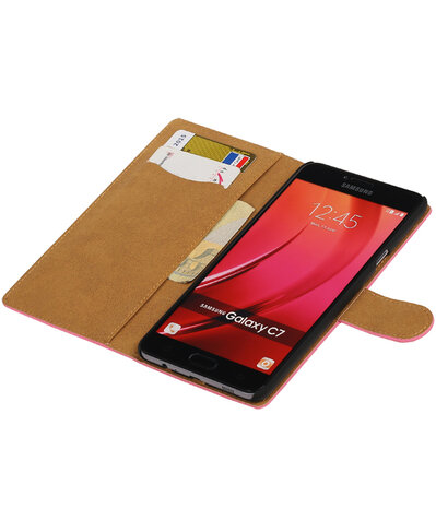 Roze Effen booktype wallet cover hoesje voor Samsung Galaxy C7