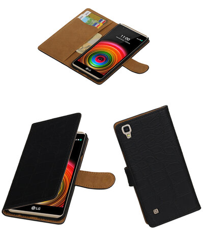 Zwart Krokodil booktype wallet cover hoesje voor LG Stylus 2 Plus